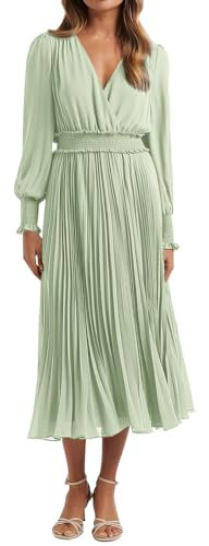 PRETTYGARDEN Damen-Wickelkleid, V-Ausschnitt, Frühlingskleid, Hochzeitsgäste, lässig, plissiert, langärmelig, Midi-Kleid, Rüschen, gesmokt, langes Kleid, Hellgrün, Groß