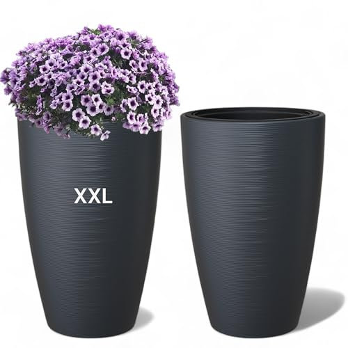 Blumenkübel Blumentopf Pflanzkübel mit Herausnehmbaren Einsatz Rund horizontale Streifen (Anthrazit, XXL-58cm)
