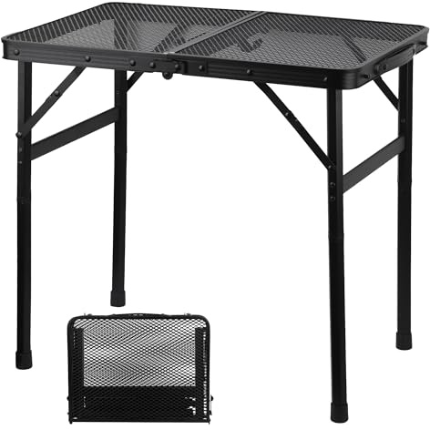 GREGIN Camping Table with Mesh Desktop, Lightweight & Portable Small Folding Grill Table, Height Adjustable Metal Outdoor Table for Camp, Cooking, BBQ, RV, Picnic-2 FT Black