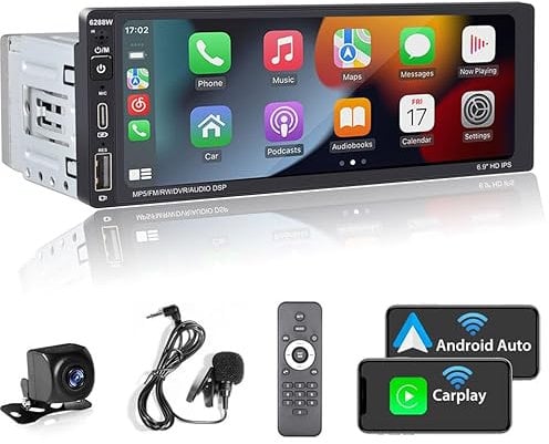 Hikity Autoradio 1 DIN Wireless Carplay Android Auto con Schermo, 6,9 Pollici Touchscreen Stereo Auto con Bluetooth Mirror Link USB Tipo-c FM Radio, Telecamera Retromarcia Microfono