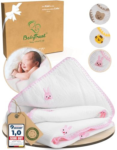 BabyTrust® Exklusive 100% Baumwolle-Babydecke - Bio-Musselin 4-lagig gefüttert - Ganzjahresdecke - Baby Geschenk zur Geburt für Mädchen - Kuscheldecke Neugeborenen Rosa-Hase