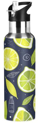 Zitrone Orange Zitrusfrucht Trinkflasche Wasserflasche mit Strohhalm für Sport, 600ML Thermosflasche BPA-frei Isolierflasche Edelstahl 18/8 für Kinder Wandern Schule