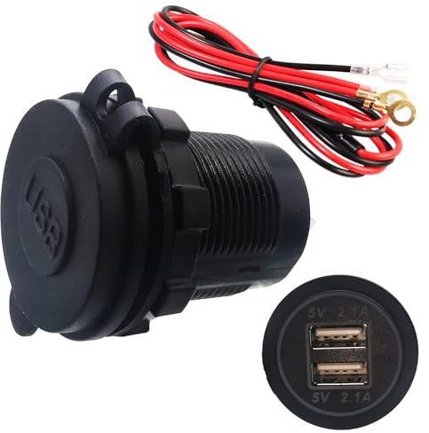 USB Toma mechero 12v, Dujelixa Dual 5V/2.1A USB LED Rojo Impermeable Cargador Coche Toma Corriente, Toma Mechero USB con Fusible 60 cm, Adecuado para automóviles 12V/24V,Barcos, Yates (1 Pieza)