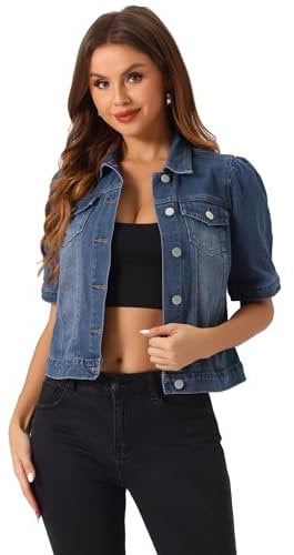 Allegra K Casual Jean Jacket for Women's Short Puff Sleeves Button-Down Denim Jacket Dark Blue L