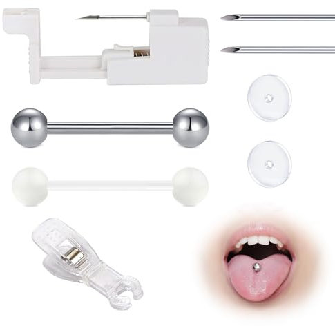 NIUSIMAN Zungenpiercing Kit-9 Stück Selbst Piercing Gun Kit Professionelle Zungenpiercing Werkzeuge mit Hohlnadel Helix Ringe Einweg Piercer Klemmen zu Hause