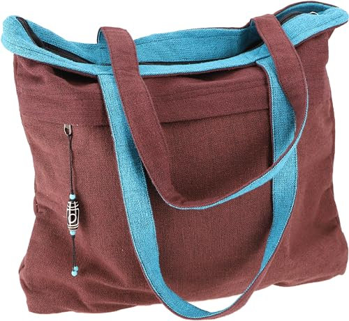 GURU SHOP Geräumige Shopper Tasche, Stabile Einkaufstasche, Strandtasche, Yogatasche - Braun/petrol, Unisex - Erwachsene, Baumwolle, 38x42x12 cm