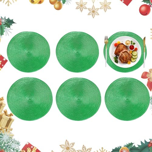 Homcomodar Weihnachten Tischsets Rund 6PCS Grün Platzsets Abwaschbar 34cm Glitzer Platzdeckchen Hitzebeständigem Tisch Tischsets für Küche Abendessen