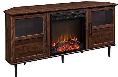 RAABYU Mueble de TV de Esquina con Chimenea en ángulo Moderno para televisores de hasta 10015” – Nogal Oscuro