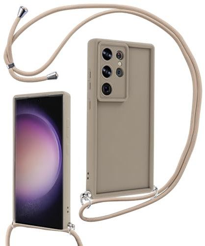 Coalbooliy Coque pour Samsung Galaxy S24 Ultra 5G 6,8 avec Cordon de Collier Réglable, Etui Protection Caméra Silicone Souple TPU Antichoc Housse avec Corde Lanyard Cover pour Femmes Filles, Kaki