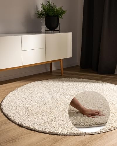 benuta Basic Hochflorteppich Teppich Wohnzimmer Sohari - Creme 160 cm Rund - Minimalistischer Look - Weich & Waschbar - Für Schlafzimmer, Flur oder Esszimmer - Geeignet für Fußbodenheizung