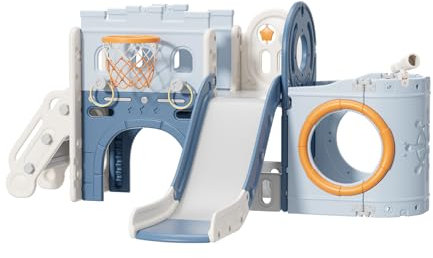 FUKEA Boat Kids Slide Playground with Storage Box, Basketball Hoop, Crawl Tunnel - Multi-function Slide for Toddlers age 1-3