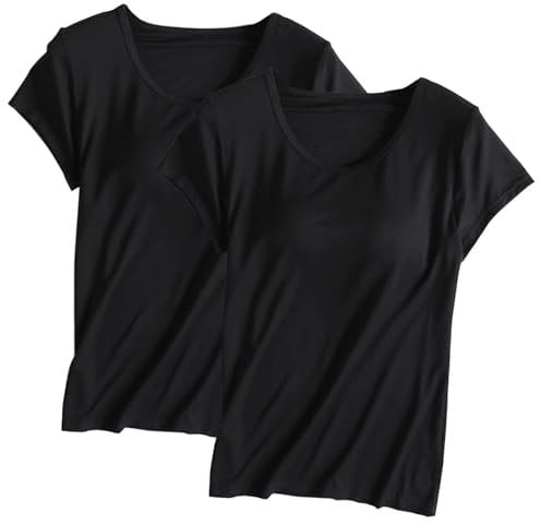 2pc T-Shirt with Built-in Bra for Women UK Lightweight Soft T-Shirt Curved Hem Crew Neck Sleep Loungewear Pajama Tops Workout Yoga Tops Padded Bras Ptjama Tops Plus Size Athletic
