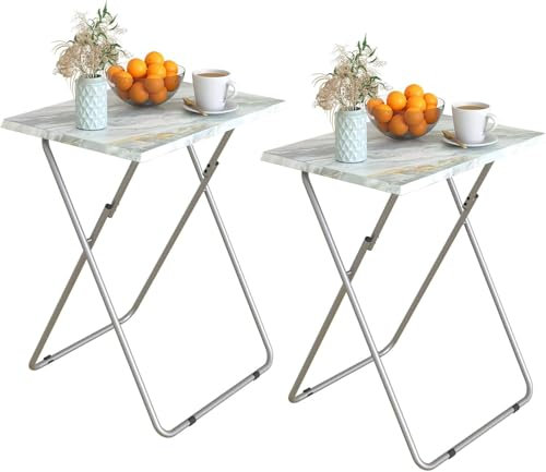 Huhote Small Folding Table 2 Set, Folding Snack Table, TV Tray Table, Balcony Foldable Table, Outdoor Camping Table, Sofa Table, Side Table, End Table for Small Space Living Room (Gray Marble, 2 PCS)