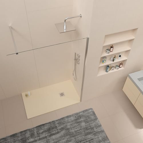 VAROBATH | Plato de Ducha ONE – Material Resina con Carga Mineral y Textura Pizarra Antideslizante C3 – Incluye Válvula Desagüe y Rejilla (MARFIL RAL1015, 70X170)