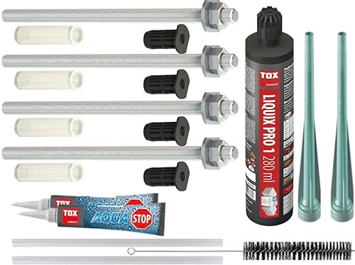 TOX Thermo Proof 12x400mm Markisenbefestigung Edelstahl A4 Set, Wärmebrückenfreie Schwerlast-Montage, WDVS Abstandsmontage mit Liquix Pro 1 und Reinigungsbürste und Dichtmittel (4x 12x400mm SET)