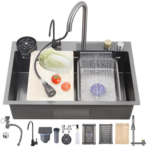 GOKEUEKDY Fregadero de Cocina en Cascada Gris Oscuro de 85 x 45 cm, Fregadero de Cocina de Acero Inoxidable para estación de Trabajo, Fregadero Moderno Multifuncional de un Solo tazón con Grifo rocia