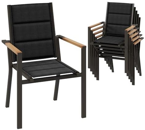 Devoko Gartenstuhl Set 6, Stapelbare Aluminium Esszimmerstühle, Maximale Belastung 160kg, Balkonstühle, Für Garten, Pool, Terrasse, Esszimmer, Gartenmöbel, Braun & Holz