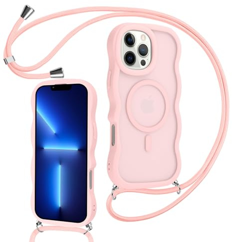 Knrlqim Coque Magnétique pour iPhone 13 Pro Max avec Cordon,Compatible avec MagSafe,Translucide Mat Cadre Ondulé Vague Bouclée Coque, Réglable Collier Lanière Étui Lanyard Case Antichoc Housse,Rosa