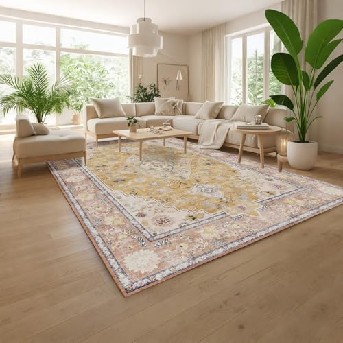 HiChiclife Teppich Wohnzimmer Gelb 200x300 cm, rutschfest & Waschbar, Großer Orientalischer Vintage Teppich, Weicher Kurzflor für Esszimmer & Büro