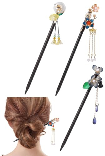 BEAMARKER 3 pièce 3 styles Baguettes à Cheveux Chinoises Rétro Florales Bâtons à Cheveux Japonais Classiques en Bois Épingles à Cheveux à Pompon Vintage Accessoires Faits à la Main pour Femmes Coiffur