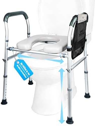 Rialzo WC per Anziani Alza Water Sedile per WC Alzawater con Braccioli Altezza 8 Livelli e Larghezza 4 Livelli, Capacità di 180 kg, universale sedile wc rialzato per protesi anca disabili anziani