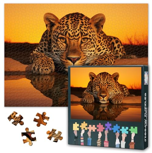 Leopard Puzzle 1000 Teile Erwachsene Wilde Tiere Puzzle Großkatze am Wasserhole Afrikanische Safari Szene Herausfordernde Natur Motiv Aktivität 70x50 cm