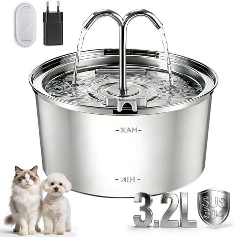 CIOXSOIO Fontanella per Gatti Acciaio Inox, 3.2L Fontana per Gatti, Silenziosa Automatico Fontanelle, Fontanella Acqua Gatto con 1 Filtro e 1 Spugna per cani