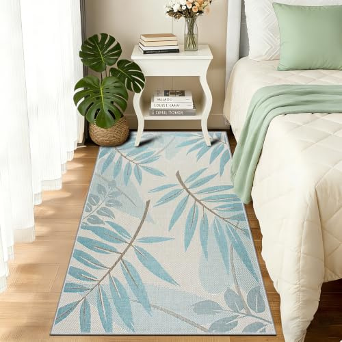 FTCJWL Teppich Blau Kurzflor,Waschbarer Teppich Wohnzimmer 80x160cm,Weich rutschfest Groß Tepich mit Blattmuster Rugs for Living Room Schlafzimmer Esszimmer Kinderzimmer Teppiche Büro