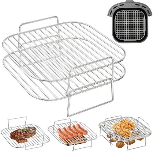 HONYAO Square Air Fryer Rack 8 inch, 2pcs Stackable Grilling Racks Non-Sticky Stainless Steel Airfryer Basket Accessories Compatible with Ninja Cosori Philips, Other Air Fryer Oven or Steamer