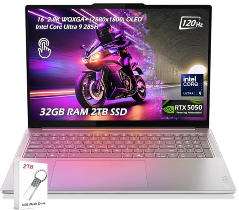 Lenovo Yoga Pro 9i Laptop, Intel Ultra 9-285H, 32GB LPDDR5x RAM, 2TB SSD, 16 2.8K (2880x1800) OLED Touch, NVIDIA GeForce RTX 5050, WiFi7, Backlit KB, Win11, Luna Grey, w/2TB USB Drive, W/GaLiMu
