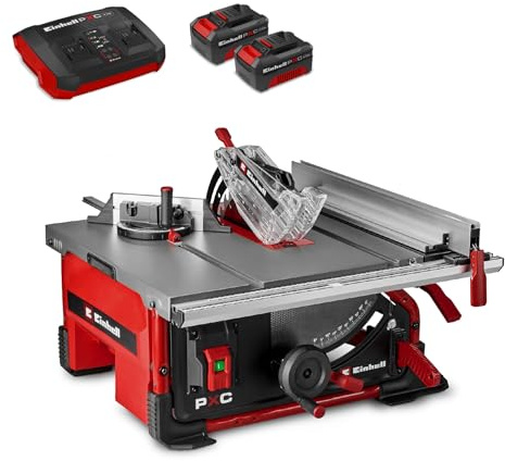 Einhell Akku-Tischkreissäge TE-TS 36/10 T Li PXC (36 V, Ø 254 mm, 89 mm Schnitthöhe, 45° Sägeblattneigung, inkl. 2x 4,0 Ah Akkus, Twincharger, 1x Sägeblatt, Schiebestock)
