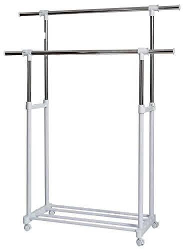 LOVE IT STORE IT Kleiderständer auf Rollen - Doppelte höhenverstellbare Kleiderstange - Stabil und seitlich ausziehbar - Weiß/Chrom - Moderne Garderobe