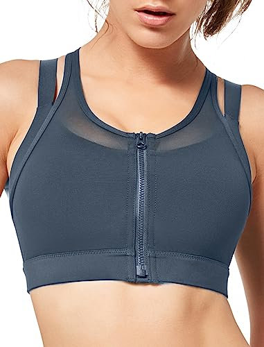 Yvette Starker Halt Sport BH Damen Vorderverschluss Doppelt Träger Große Brüste Fitness Laufen Joggen Bra,Grau,L