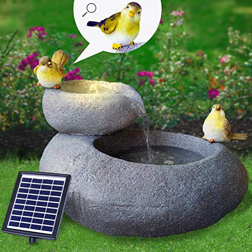 Solar Gartenbrunnen Brunnen Solarbrunnen Zierbrunnen Wasserfall Gartenleuchte Teichpumpe für Terrasse, Balkon, mit Pumpen-instant-Start-Funktion mit Liion-Akku & Led-Licht (FELS-Schalen)