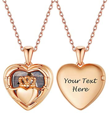 PROSILVER Damen Silber 925 Claddagh Herz Anhänger Halskette personalisiert Foto Medaillon zum Öffnen Rosegold vergoldet aufklappbar Amulett Schmuck Accessoire für Freundin Ehefrau