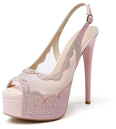 Elashe Decoltè Tacco Spillo Plateau Donna Strass Scarpe Slingback Décolleté Fiore di Pizzo Peep Toe Tacchi Alti Rosa EU38