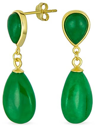 Klassische einfache Edelstein-Ohrringe mit zarten doppelten Tropfen aus echtem grünem Jade für Frauen, 14K Gelbgold-Überzug, .925 Sterlingsilber