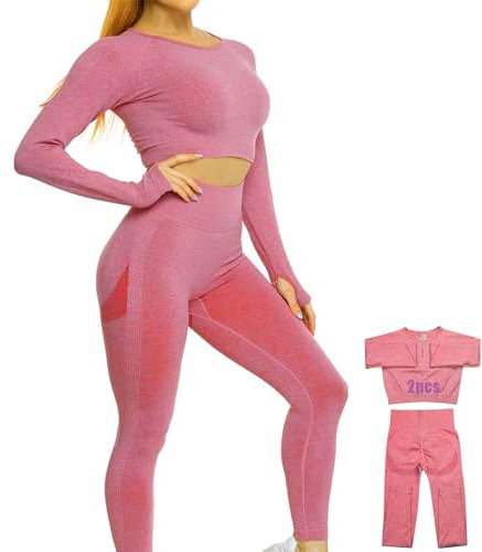 DONYKARRY Damen 2-teiliges Nahtloses Trainingsanzug Yoga Outfit Jogginganzug Set Freizeitanzug(2 Pcs-Rot,S)