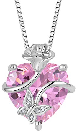 FJ Collier Papillon pour Femme Argent Sterling 925 Collier Tourmaline Rose Coeur Pendentif Pierre de Naissance Octobre Collier Fleur Rose Bijoux pour Femme