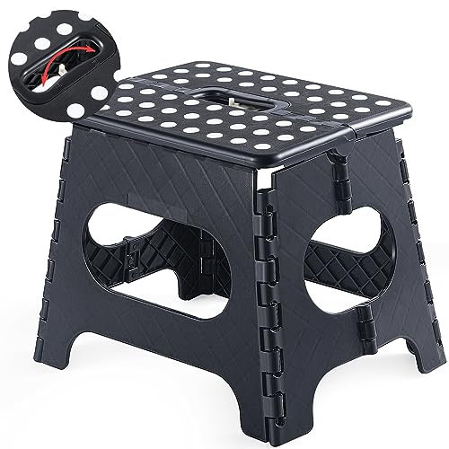 ROLIZOE Klapphocker mit Sicherheitssperre, Platz sparen Kunststoff Tritthocker, Tragbarer Rutschfester Hocker Klappbar für Kinder & Erwachsene, 27CM-Schwarz