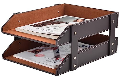 Organiseur de bureau en cuir - Format A4 - Empilable - Compartiment à documents pour dossiers, dossiers, papier à lettre, magazines, courrier, maison, bureau - Marron