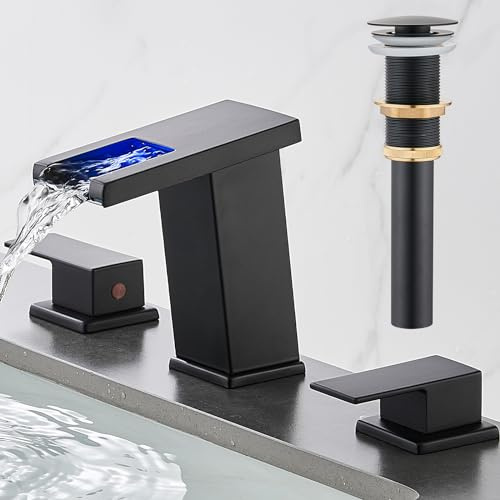 AVSIILE Grifo de baño LED de 3 agujeros, grifos de baño de cascada negro mate, grifo de lavabo de baño moderno generalizado de 8 pulgadas y piezas, toque amplio en tres agujeros 2 manijas grifo de