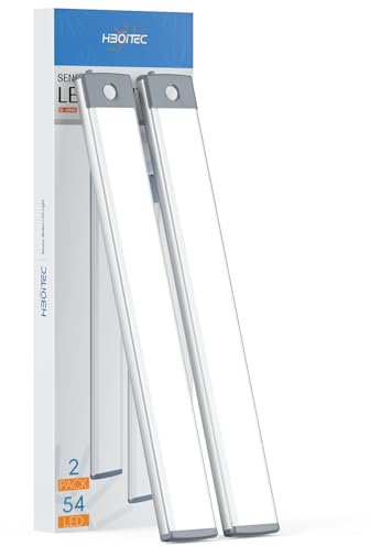 HIBOITEC Motion Sensor Wardrobe/Closet Light USB Rechargeable 2500mAh Cupboard Lights 54 LED Wireless Under Cabinet Lighting Stick-on Kitchen Stairs Hallway, 2 Sensor Mode(White, 2Pack)