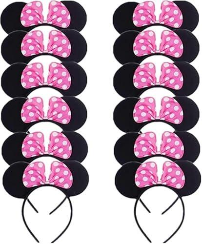SERENA'S ® 12 PCS Pink Minnie Mouse Ears Cartoon Headband Pink Polka Dot Bow Birthday Halloween, Party Accessories, Minnie Mickey Ears for Adults/Children Fancy Dress Costume Head Band Accessory Ears