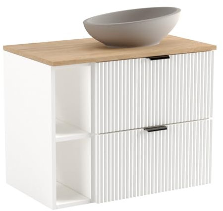 Wena Mobel Waschbeckenunterschrank Hängend 80 cm Breit | Waschtischunterschrank mit Schubladen | Badezimmerschrank unter Waschbecken | Hängeschränke fürs Bad (Weiß/Walnuss)