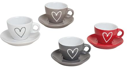 Juego de 4 Tazas de Café Espresso con Platos | Tazas de Cerámica en 4 Colores Diferentes con Decoracion de Corazon | Regalo Ideal para Cumpleaños, San Valentín o Navidad - Set Completo de 4 x 90ml