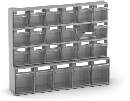 Fami - Pannello Porta Minuteria da Muro per Garage e Officina, 23 Cassetti Trasparenti Visual Box di Due Dimensioni, 4 Cassettiere Modulabili, Scaffale Porta Viti, Dimensioni: 60,2 x 15,7 x 50 cm