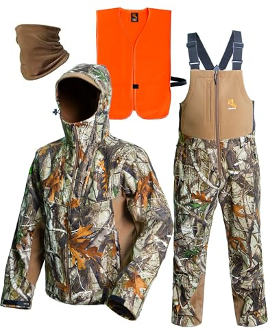Hunt Quiet Hunting Clothes for Men with Face Mask, Silent Water Resistant Hunting Jacket and Bibs,Blaze Orange Vest &Face Mask (Next Camo G2, XL)