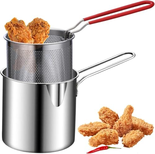 Fritteusentopf mit Frittierkorb aus Edelstahl, Nudelkorb mit Sieb, Küchenbratpfanne, Frittiertopf mit Griffen zum Braten von Hühnerbeinen, getrocknetem Fisch, Chips, Hühnerkoteletts (Silver)