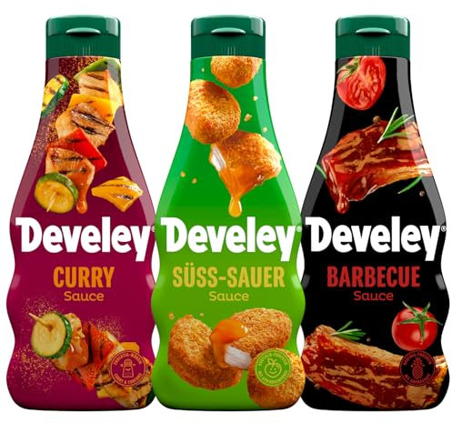 Develey – Saucen-Set 3x250ml Squeeze-Flaschen im Bundle – Bundle bestehend aus Süß-Sauer, Curry & BBQ – Ohne Konservierungsstoffe & Glutamat - Perfekt für viele Gerichte als Topping oder Dip